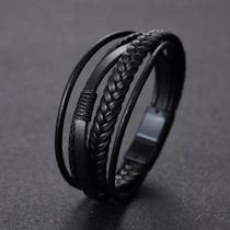 Pulseira Couro Preto Fecho Magnético Trançado T7504 Pulseira Couro Preto Fecho Magnético Trançado T7504