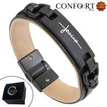 Pulseira Couro Preto Magnética com Imã Jesus Proteção Fé Artesanal