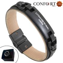 Pulseira Couro Preto Magnética com Imã Livrai Me do Mal Amém All Black Pulseira Couro Preto Magnética com Imã Livrai Me do Mal Amém All Black