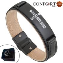 Pulseira Couro Preto Magnética com Imã Quando Penso em Desistir Cruz