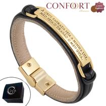 Pulseira Couro Preto Magnética Feminina Cruz Sagrada Luz Dourado Pulseira Couro Preto Magnética Feminina Cruz Sagrada Luz Dourado