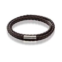 Pulseira Couro Trançado Café Marrom Com Metal Niquelado