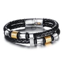 Pulseira Couro Trançado e Detalhes em Aço Dourado