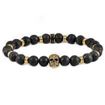 Pulseira Crucible em Aço Inoxidável Banhado a Ouro com Pedra Lava Skull