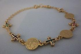 Pulseira cruz colorida são bento folhado ouro