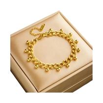 Pulseira De Aço Inoxidável Cor Dourada Para Mulheres E Meninas, Corrente Grossa Com Contas Redondas,