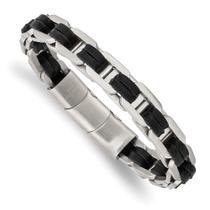 Pulseira de Aço Inoxidável Escovado com Couro PU Preto - Extensor de 0,5in