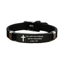 Pulseira De Aço Inoxidável Preto Com Cruz Cristã E Versículo Bíblico, Joia Inspiradora De Fé Para