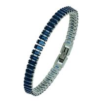 Pulseira de Aço Riviera Safira Zircônia Baguete 20cm