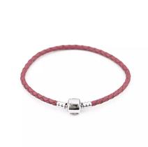 Pulseira De Berloques Couro Pink Escuro Fecho Banho Prata