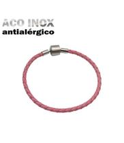 Pulseira de Berloques em Couro Rosa Fecho Aço Inox Antialérgico