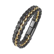 Pulseira De Cadeia De Couro Legítimo Com Fecho Magnético De Aço Inoxidável Banho De Ouro Para Homens