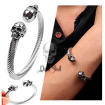 Pulseira De Caveira Masculina Cabo de Aço Cirúrgico Punk Rock Bracelete Caveira Gêmeas Pulseira De Caveira Masculina Cabo de Aço Cirúrgico Punk Rock Bracelete Caveira Gêmeas