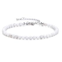 Pulseira de contas de ágata branca com fecho prateado, ajustável