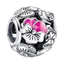 Pulseira de Contas de Lagarta com Flor Rosa - Prata 925 - Joia Artesanal