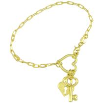 Pulseira De Coração Com Chave E Cadeado PRI Style Folheada A Ouro 18K Antialérgica