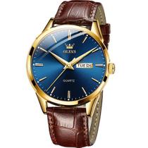 Pulseira de couro azul Watch OLEVS para homens com impermeável para datas e dias