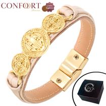 Pulseira de Couro Bege Medalha São Bento Fecho Magnético Nude Dourado Pulseira de Couro Bege Medalha São Bento Fecho Magnético Nude Dourado