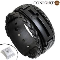 Pulseira de Couro Bracelete Ajustável Cruz Proteção Caixa Trançada Preto