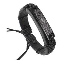 Pulseira De Couro Brand Preto Com Oração Pai Nosso Católico