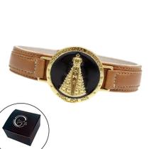 Pulseira de Couro Caramelo N.SRA Aparecida Fundo Preto