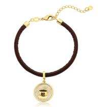 Pulseira de Couro com Medalha Xícara Revestida em Ouro. Pulseira de Couro com Medalha Xícara Revestida em Ouro.