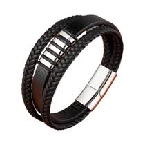 Pulseira De Couro Estilo Punk Masculina Preta Com 3 Camadas E Botão Magnético De Aço Inoxidável