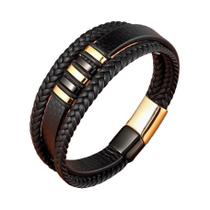 Pulseira De Couro Estilo Punk Masculina Preta Com 3 Camadas E Botão Magnético Em Aço Inoxidável -