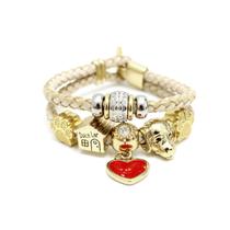 Pulseira de Couro Feminina 2 Tiras Trançada Bege Berloques Seu Melhor Amigo Pulseira de Couro Feminina 2 Tiras Trançada Bege Berloques Seu Melhor Amigo