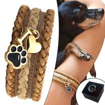 Pulseira de Couro Feminina Ajustável Pet I love Patinha Cachorro