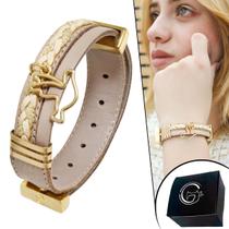 Pulseira de Couro Feminina Ajustável Pingente Espirito Santo Dourado Religião