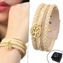 Pulseira de Couro Feminina Ajustável Trançada Bege Pingente Árvore da Vida Dourada