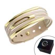 Pulseira de Couro Feminina Ajustável Tubinho Detalhes Dourado Elegante Bege