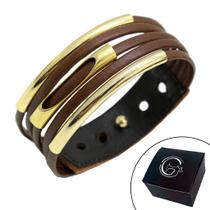Pulseira de Couro Feminina Ajustável Tubinho Detalhes Dourado Elegante Marrom
