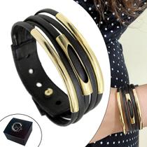 Pulseira de Couro Feminina Ajustável Tubinho Detalhes Dourado Elegante Preto