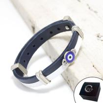 Pulseira de Couro Feminina Azul e Branco Ajustável Pingente Olho Grego Pulseira de Couro Feminina Azul e Branco Ajustável Pingente Olho Grego