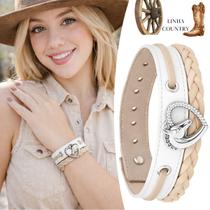 Pulseira de Couro Feminina Branco e Bege Coração Cavalo Pulseira de Couro Feminina Branco e Bege Coração Cavalo