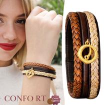 Pulseira de Couro Feminina Country Ajustável Laço Dourado Rústico