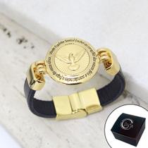Pulseira de Couro Feminina Espirito Santo Magnética Dourada Preto Pulseira de Couro Feminina Espirito Santo Magnética Dourada Preto