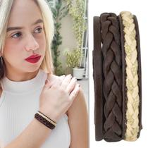 Pulseira de Couro Feminina Lisa Trançado Marrom e Bege