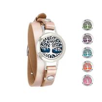 Pulseira de Couro Feminina Pingente Difusor de Aromas Perfume Aço Inoxidável Delicado 5 Almofadas
