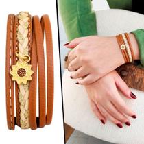 Pulseira de Couro Feminina Trançado Mostarda Pingente Girassol Pulseira de Couro Feminina Trançado Mostarda Pingente Girassol