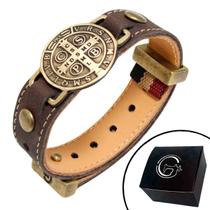 Pulseira de Couro INFANTIL/ADULTO Marrom São Bento com Fecho STRAP PLUG Ajustável