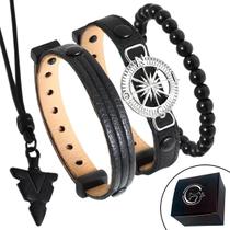 Pulseira de Couro Kit 04 Bússola Preto com Fecho Strap Plug Ajustável com Colar Flecha Pulseira de Couro Kit 04 Bússola Preto com Fecho Strap Plug Ajustável com Colar Flecha