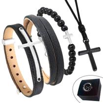 Pulseira de Couro Kit 04 Cruz Preto com Fecho Strap Plug Ajustável com Colar Cruz