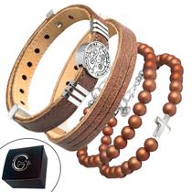 Pulseira de Couro Kit 04 São Bento Marrom Fecho Strap Plug