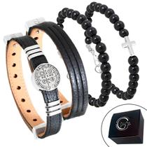 Pulseira de Couro Kit 04 São Bento Marrom Preto com Fecho Strap Plug Ajustável e Fecho Mosquete