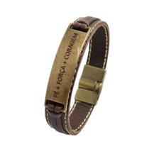 Pulseira de Couro Magnética Fé Força Coragem Marrom Ouro Velho Pulseira de Couro Magnética Fé Força Coragem Marrom Ouro Velho