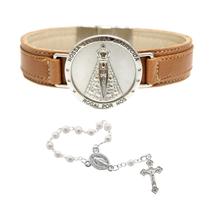Pulseira de Couro Magnética Feminina Caramelo Nossa Senhora Aparecida Fundo Prata Religiosa Estilo Relógio + Terço