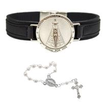 Pulseira de Couro Magnética Feminina Preta Nossa Senhora Aparecida Fundo Prata Religiosa Estilo Relógio + Terço Pulseira de Couro Magnética Feminina Preta Nossa Senhora Aparecida Fundo Prata Religiosa Estilo Relógio + Terço